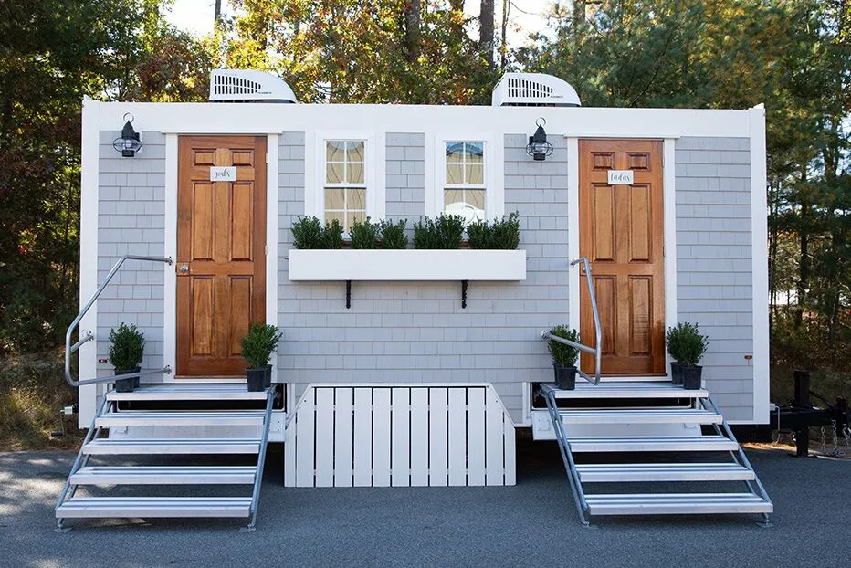 Wedding restroom units discretely staged at a venue in Hillsborough, New Hampshire